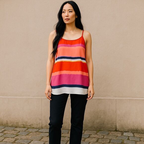 Valette Stripe Tye Dye Split Back Spaghetti Strap Top Tank - Picture 1 of 13